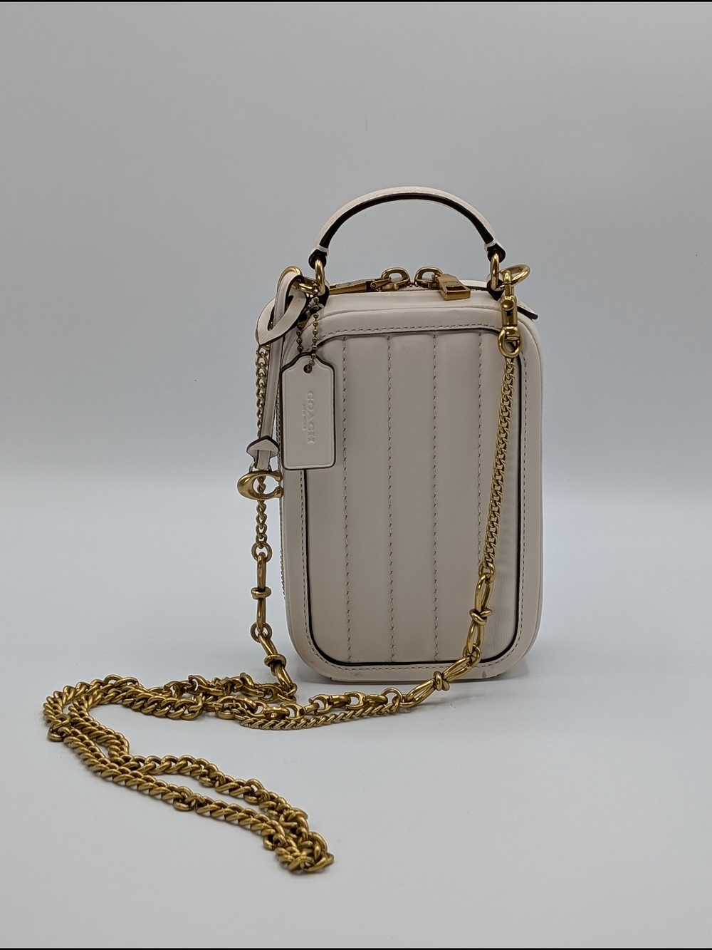Coach Alie Camera Bag 9" Ivory Quilted Leather Crossbody  Gold Chain Top Handle